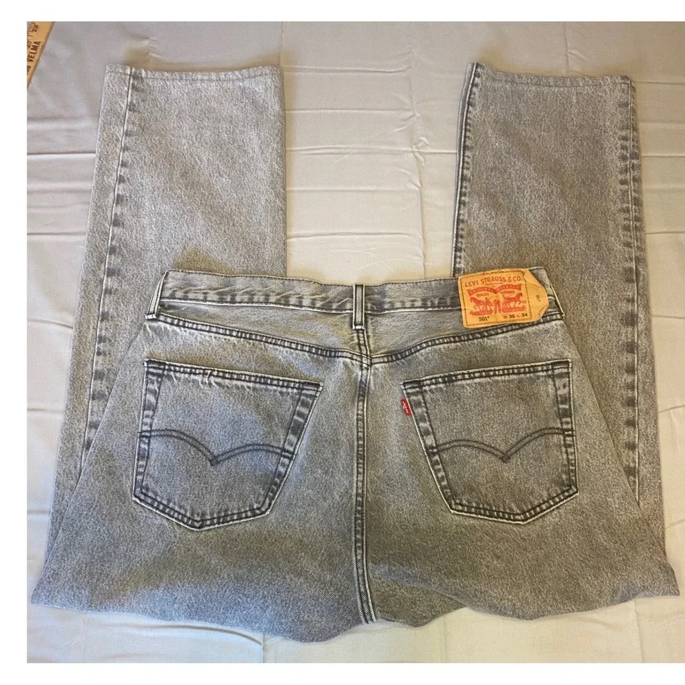Levi's 501 Original Fit Mens 36x34 Gray‎ Acid Wash Straight Leg Jeans Button Fly